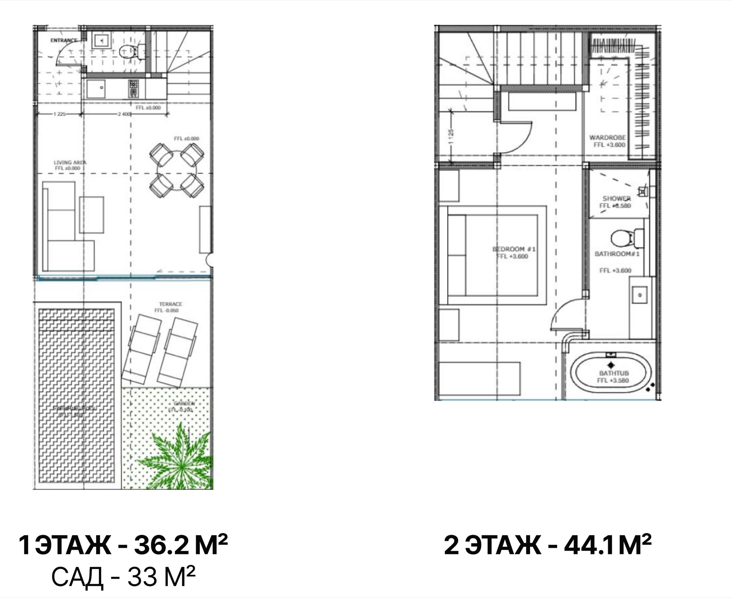 Планировка виллы: 1 этаж 36,2 м², 2 этаж 44,1 м²
